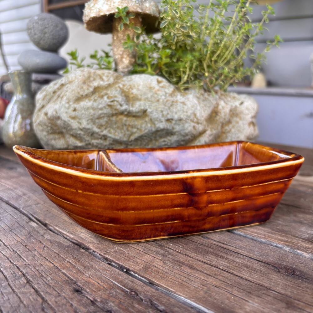 Vintage Hall Pottery Shrimp Boat Serving Dish, Brown Glaze, 7 inches, USA #1145